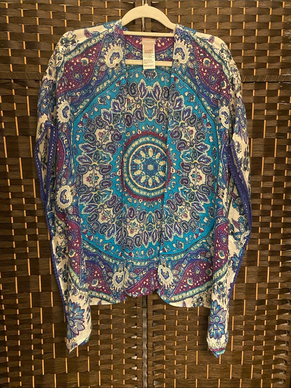 Chico's Turquoise & Purple Paisley Medallion Top 100% Linen Size L/XL